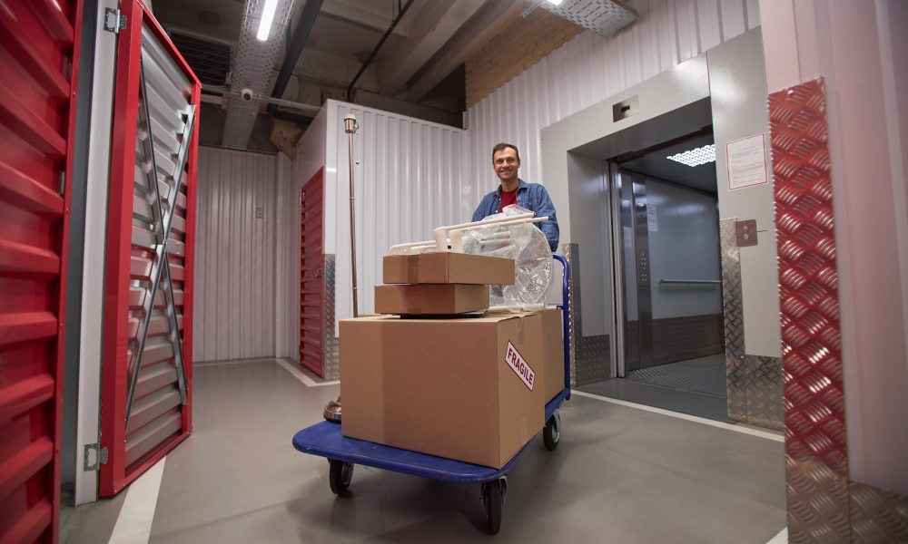 Man Pushing Cart in Storage Facility