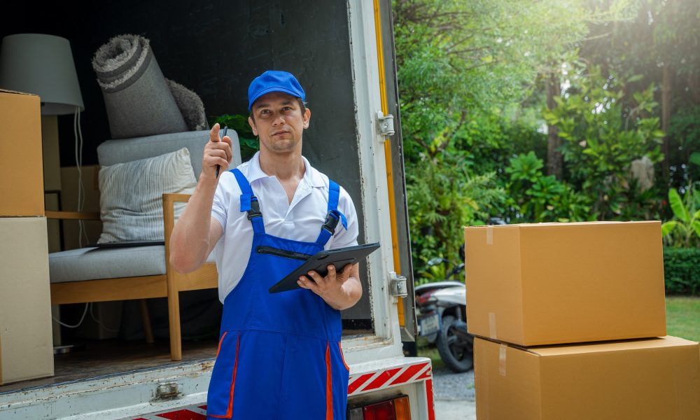 Moving service workers unloading boxes and checking list.
